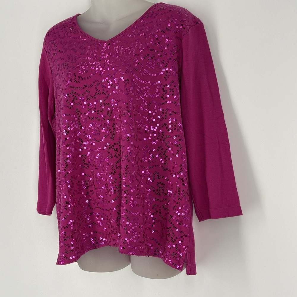 Quacker Factory Pink Sequin V-Neck Top Shirt Size L Blouse 3/4th Sleeve‎ - Picture 5 of 8
